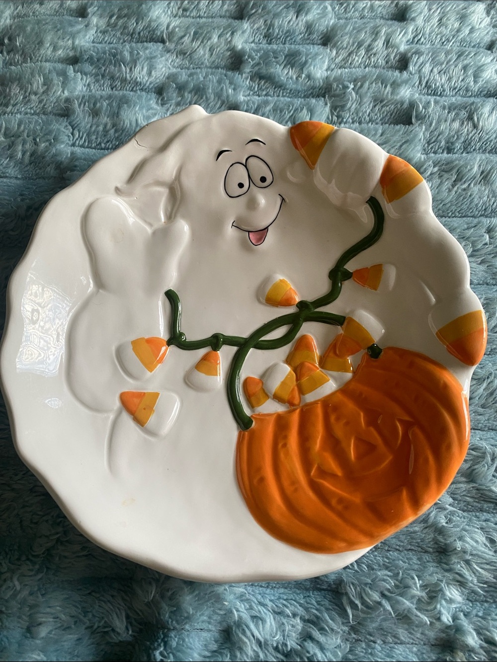 Vintage Ceramic Halloween Ghost Candy Dish Pumpkin Candy Corn Plate